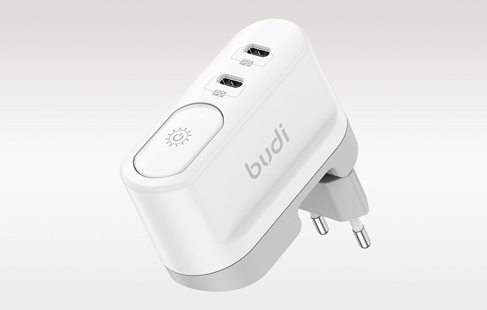 Charger with lamp BUDI 2xUSB-C 40W (white)