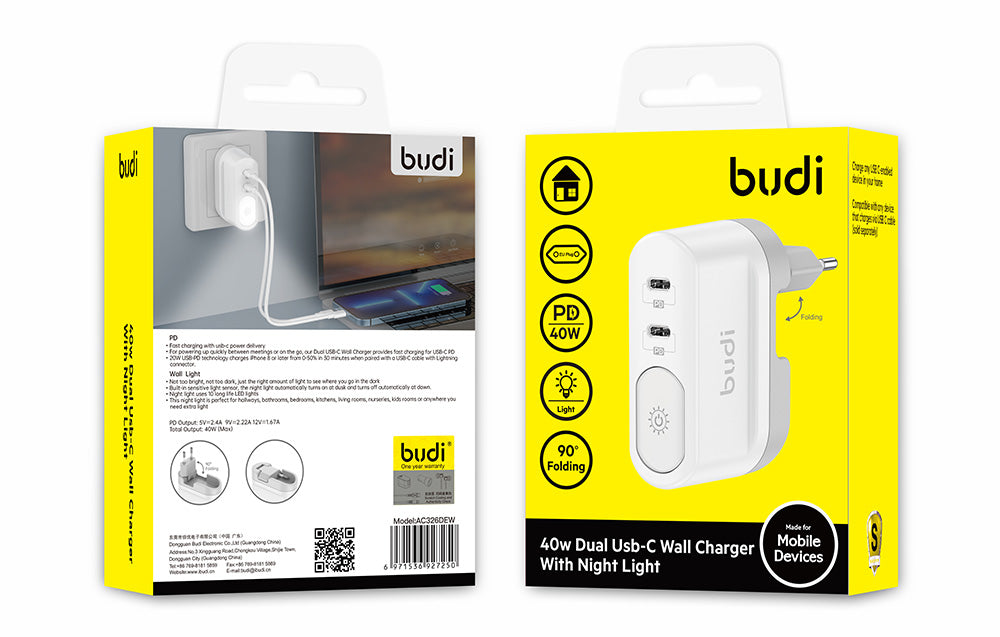 Charger with lamp BUDI 2xUSB-C 40W (white)