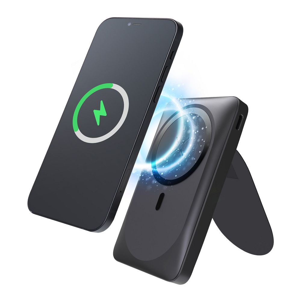 Powerbank Forcell MagStand F10K2 przyczepiony do iPhone’a – ładowanie bezprzewodowe