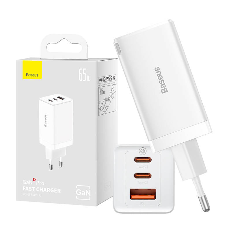 Baseus GaN5 Pro 2xUSB-C + USB Wall Charger, 65W (White)