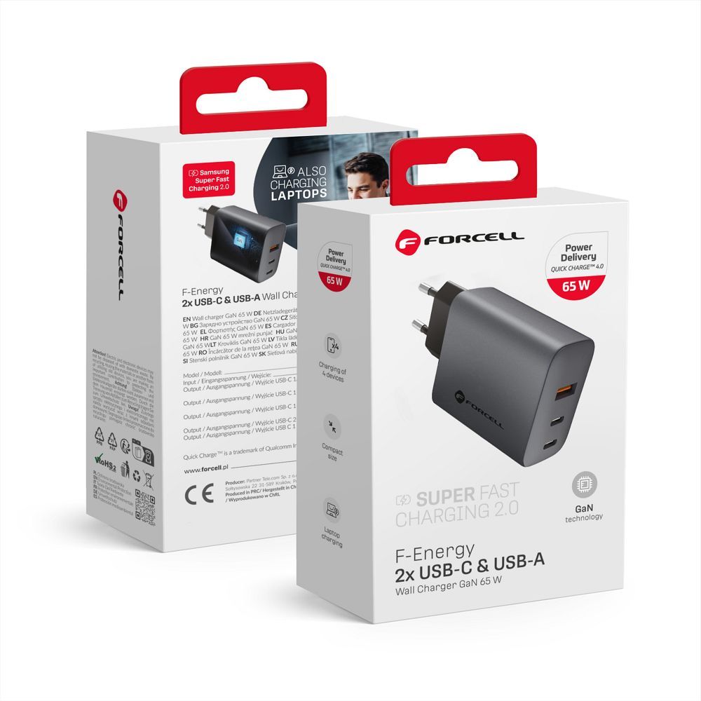 Ładowarka sieciowa Forcell F-Energy GaN 65W, 2× USB-C + USB-A, PD, QC 4.0 (szara)