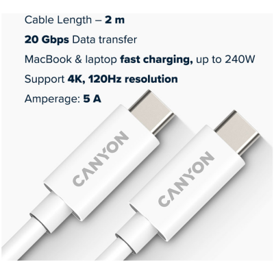 Kabel Canyon USB-C/USB-C, UC-42, 20Gbps, 240W, 2m, Biały