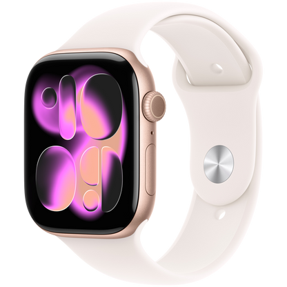 Apple Watch Series 11 GPS 46 mm — aluminium różane złoto / pasek sportowy jasny róż, S/M