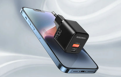 Ładowarka sieciowa Rocoren USB-C, USB, Power Delivery, MiniGaN, 20W (czarna) Rocoren