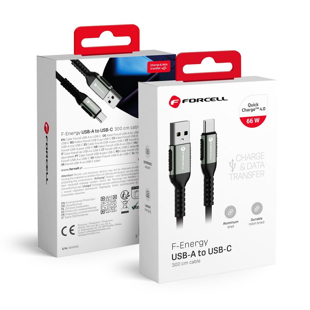 Kabel Forcell F-Energy USB-A – USB-C 3 m – opakowanie