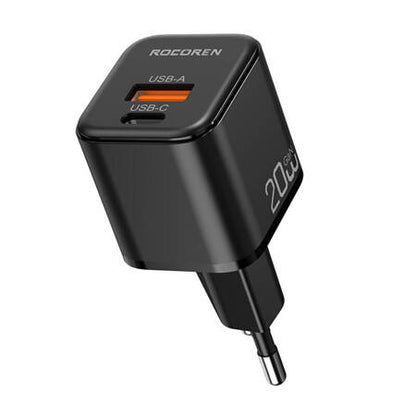 Ładowarka sieciowa Rocoren USB-C, USB, Power Delivery, MiniGaN, 20W (czarna) Rocoren