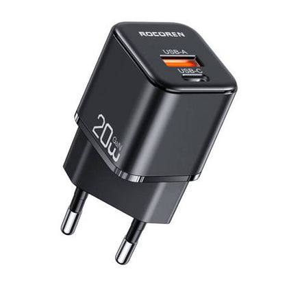 Ładowarka sieciowa Rocoren USB-C, USB, Power Delivery, MiniGaN, 20W (czarna) Rocoren